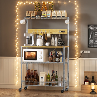 Support de boulangerie moderne avec prise de courant et rangement Support pour micro-ondes Chariot de cuisine Étagères en métal à 4 niveaux avec roulettes