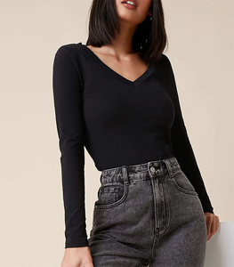 Hauts à manches longues pour femmes 95% coton 5% élasthanne T-shirts à col en V pour femmes Hauts féminins T-shirt à manches longues slim Automne - Product Image 3