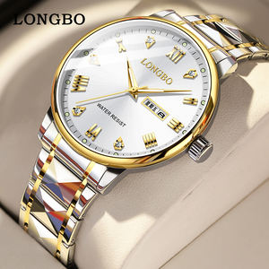 <span class=keywords><strong>นาฬิกา</strong></span>ควอตซ์ <span class=keywords><strong>LONGBO</strong></span> 83702 รุ่นใหม่ล่าสุด สำหรับผู้ชาย ดีไซน์คลาสสิก สายสแตนเลส หน้าปัดประดับเพชร สายสีทอง พร้อมปฏิทินคู่ - Product Image 1