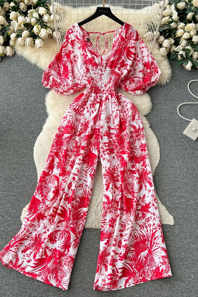 Seaside Vacation Style Floral Chiffon Jumpsuit for Women With High Waist,  Slim and Fashionable Casual Loose Fitting Wide Leg Str