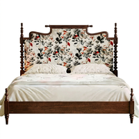 Lit de rangement Queen Size haut de gamme en bois foncé avec têtes de lit réglables en tissu floral, luxueux, écologique et assemblé