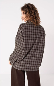 Camicia da <span class=keywords><strong>Donna</strong></span> Personalizzata OEM a Quadri <span class=keywords><strong>Marrone</strong></span> Scuro, Ampia, Maniche Lunghe, con Bottoni e Tasche sul Petto per un Look Streetwear Senza Sforzo - Product Image 3