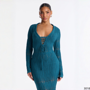 Robe de plage unie sexy en maille ajourée avec nœud sur le devant, robe longue moulante maxi pour femme, ensemble robe <span class=keywords><strong>pull</strong></span> - Product Image 2