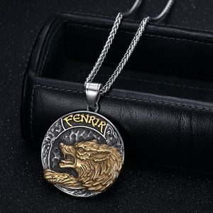 Fenrir Wolf Head <b>Titanium</b> Steel Gold Plated Viking Pendant Necklace For Men - Product Image 3