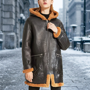 Men's Winter Warm Sheepskin <b>Leather</b> Bomber Jacket <b>with</b> <b>Fur</b> Trim Hooded Woolen Fabric OEM Service Finished - Product Image 2