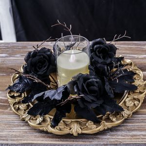 Portacandele a Forma di Rosa Nera con Ramo Artificiale e Foglia d'Acero per Decorazione Centrotavola per Feste di Halloween - Product Image 1