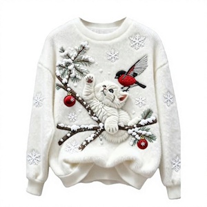 Pull tricoté blanc brodé pour femme, motif chat et oiseau de Noël, col rond, manches longues, pull d'hiver - Product Image 3