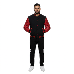 Custom 100% Cotton Stand Varsity Jacket Black Body Red <b>Leather</b> Look Sleeves Striped Cuffs Breathable Winter Bomber Style - Product Image 1