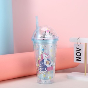 Vaso Kawaii de 450 ml con diseño de unicornio arcoíris de dibujos animados, tapa de cúpula con lentejuelas plateadas, doble pared, transparente y con brillantina. - Product Image 3