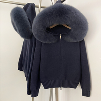 OFTBUY Cardigan en tricot avec col en vraie fourrure de renard pour femme, veste pull zippée à capuche en fourrure amovible, manteau d'hiver ample et oversize