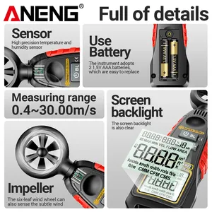 Anemómetro Digital ANENG GN302, 9999 Lecturas, Medidor de Velocidad del Viento de <span class=keywords><strong>0</strong></span>.4-30m/s con Prueba de Volumen de Aire, Temperatura y Humedad - Product Image 3