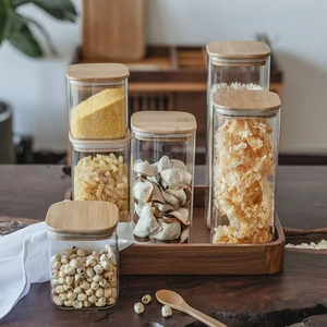 Modern Simplicity Easy to Clean 301-400ml Air-Tight Stackable Coffee Beans <b>Storage</b> Jar for Home <b>Kitchen</b> Square Glass Bamboo Lids - Product Image 5
