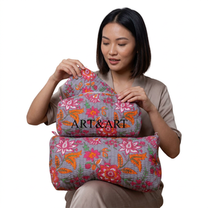 Trousse de Maquillage Matelassée Vintage en Coton avec Fermeture Éclair et Grand Pompon pour Femme, Ensemble de Trousse de Toilette Écologique Faite à la Main, Sacs de Lavage Durables, Motif Indien Imprimé au Bloc - Product Image 1