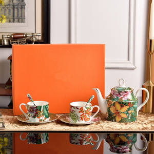 Service à thé de luxe en céramique, élégant ensemble théière, tasse et soucoupe en porcelaine fine avec cuillère sécurisée pour le lait et les boissons - Product Image 2