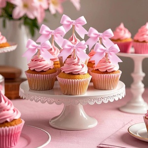 Nouveauté Décorations de fête pour mariage et baby shower, 12 pièces, pics à cupcakes en polyester rose avec nœud coquette, ensembles de toppers pour cupcakes d'<span class=keywords><strong>anniversaire</strong></span> - Product Image 3