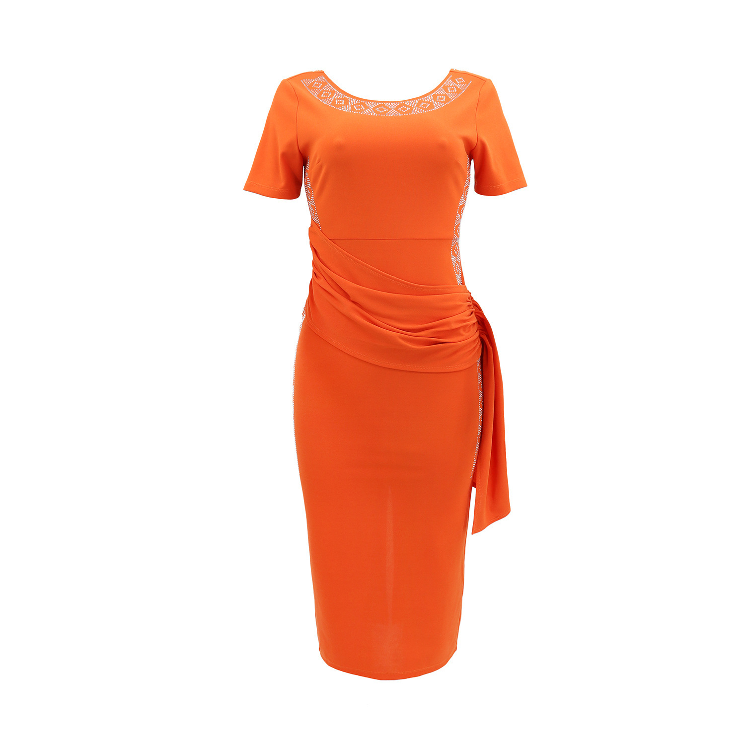 Summer Short Sleeve Orange Church Dress for Women's Casual Elegant Rhinestone Decorated Slim Fit Ruched Bodycon Dress