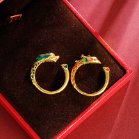 Bague en or émail de Style chinois femmes hommes réglable ouvert couleur or Dragon Couple anneaux