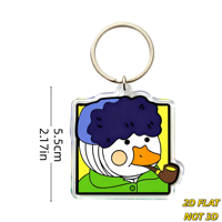 Porte-clés carré transparent en acrylique avec canard de dessin animé original, pipe et cheveux bouclés, anneau métallique pour clés, sacs, sacs à dos