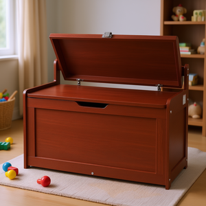 Coffre à jouets en bois pour enfants, couleur cerise, avec couvercle rabattable, boîte de rangement, meubles pour salle de jeux et chambre à coucher - Product Image 2