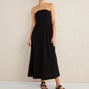 Vestido de Lino y Algodón a la Moda, Casual, con Estampado Fruncido, Sin Mangas, Maxi, para Vacaciones de Verano - Product Image 1