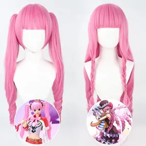 Großhandel 80cm lang rosa einteilig Anime Perona Perücke Cosplay synthetische Halloween hitze beständige Haar Perücke mit 2 Pferdes chwänzen