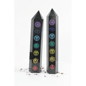 도매 자연 크리스탈 치유 돌 크리스탈 지팡이 민속 공예 조각 달 단계 블랙 흑요석 포인트