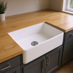 Fregadero de cocina blanco estilo rústico, de un solo tazón, empotrado, rectangular, de cerámica esmaltada, fácil de limpiar - Product Image 2