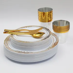 350 Stück Großhandel Hochzeits essen Gold Einweg Kunststoff Teller Teller Sets Geschirr