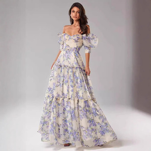 Vestido de Noche de Organza con Estampado Floral y Hombros Descubiertos, Falda Larga, Cintura Imperio, Capa Transparente, Vestido Formal para Mujer - Product Image 2
