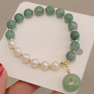 GT缅甸翡翠串珠手镯淡水珍珠饰品绿色万人通石吊坠手镯