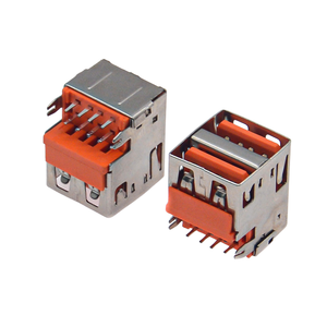 Conector USB 2.0 Tipo-A Hembra de Doble Fila en Ángulo Recto, Montaje DIP Empotrado con Pines Tipo Arpón y Cubierta Recta, Aislante Naranja - Product Image 2
