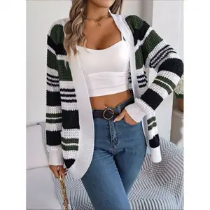Jumper Sweater wanita untuk panjang, Sweater Pullover rajut warna pelangi jahitan, bergaris ukuran besar longgar