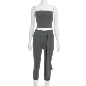 Viviblook J25ST464 New Women Casual Set <b>Sexy</b> Slim Fit Strapless <b>Crop</b> <b>Top</b> Cropped Pants 2 Pieces Set - Product Image 3