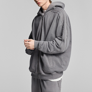 High Quality Spliced Oversized Acid Wash <strong>Hoodie</strong> Custom <strong>Zip</strong> up Distress <strong>Hoodie</strong> 100% Cotton Plain Zipper Hoodies - Product Image 1