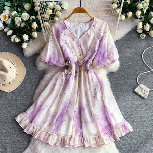 Vestido <span class=keywords><strong>de</strong></span> verano vintage francés <span class=keywords><strong>de</strong></span> gasa estampada con mangas farol para mujer, holgado, con cintura ajustada y volantes que estilizan la figura - Product Image 3
