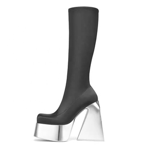 Women Thick Chunky Heels Knee High Platform Boots Triangle Heels Shiny <b>Mirror</b> Bottom Long <b>Square</b> Toe Sock Shoes - Product Image 1