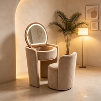 Coiffeuse en tissu mélaminé pin avec miroir rond à cadre en bois, ensemble de coiffeuse au design élégant pour coin maquillage de chambre