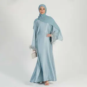 Aschulman gaun Abaya Muslim tertutup manset bulu biru es dalam Premium jubah panjang wanita Arab Lebaran
