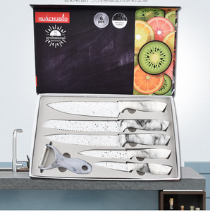 Ensemble de couteau et de serveur à gâteau en forme de gourde blanche avec manche marbré, points noirs, cuisine en acier inoxydable, ensemble de cinq couteaux de chef - Product Image 4