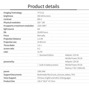 <span class=keywords><strong>Mini</strong></span> <span class=keywords><strong>Proyector</strong></span> YG310 Portátil, Reproductor Multimedia Inteligente 1080P con Batería Integrada - Product Image 6