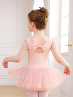 Vestido de Ballet para Niñas, Tutú con Mangas con Volantes y Lazo en la Espalda, con Brillo, para Clases, Espectáculos y Presentaciones