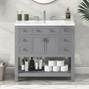 36 inch thiết kế cổ điển tối màu xám rắn gỗ phòng tắm tủ 90cm kết hợp Vanity đơn vị - Product Image 1