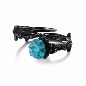哥特式黑刺朋克情侣戒指蓝色水晶玫瑰男女时尚珠宝