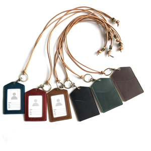 Porte-badge en cuir véritable avec fenêtre transparente et cordon, porte-carte d'identité en cuir Crazy Horse vintage pour le bureau et <span class=keywords><strong>l</strong></span>'école - Product Image 3