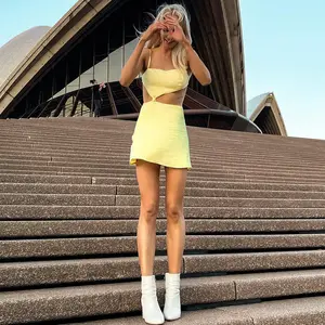 Spaghetti strap women low cut short dress 2022 summer young girl yellow holiday dresses