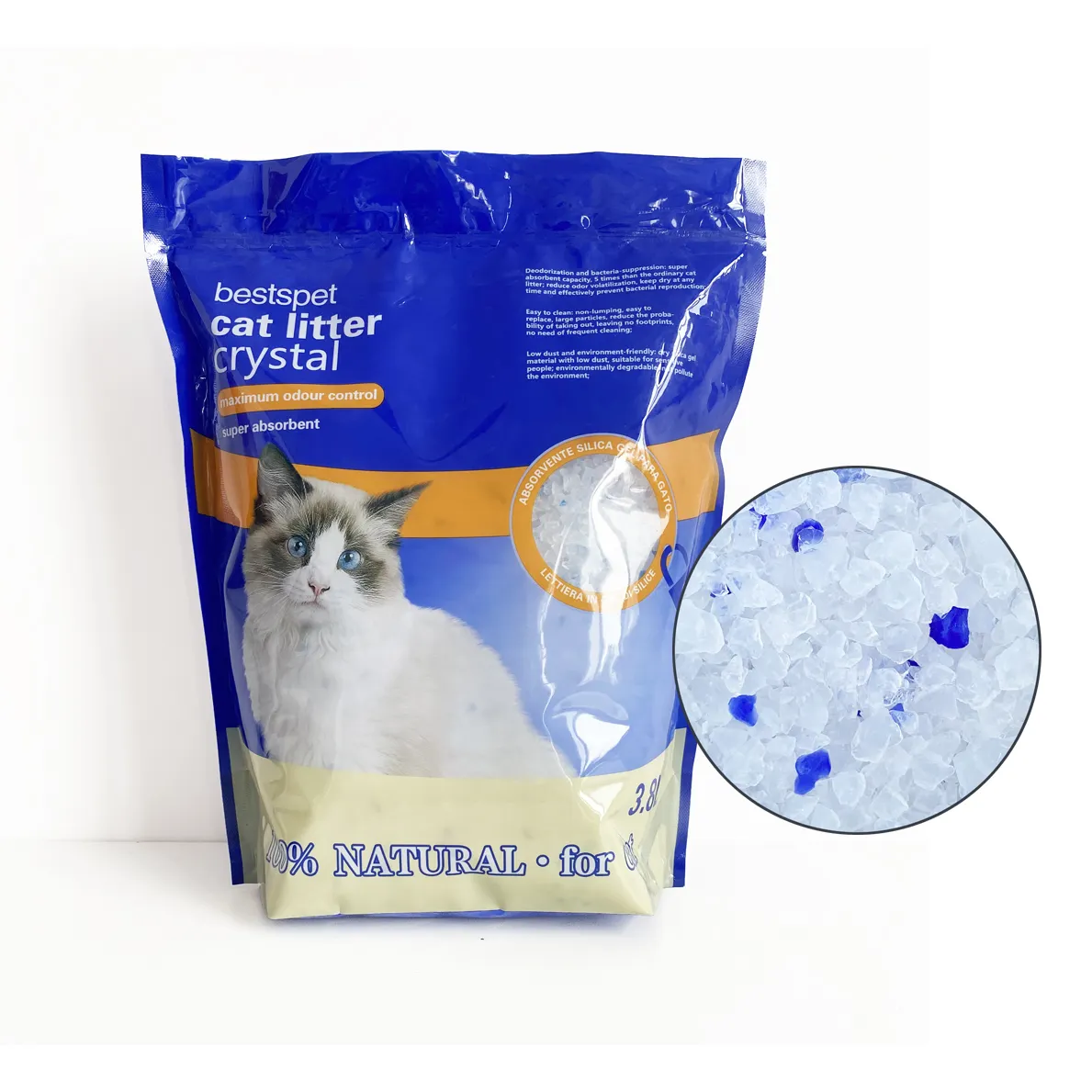 BSCI Oem altamente absorbente libre de polvo Ph cuidado de la salud Indicador de monitoreo cristal sílice Gel arena para gatos al por mayor