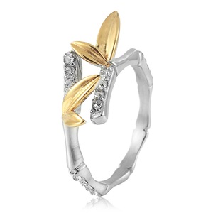 Yunnique – bague en cristal avec motif feuille de bambou, ton or et argent, pierres serties, bijoux à porter au quotidien pour femmes - Product Image 1