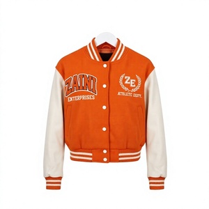 Women Crop Top Varsity Jacket 320 GSM Premium Cotton <b>Fleece</b> <b>Orange</b> White Contrast Panel Custom Chenille Embroidery Logo - Product Image 1