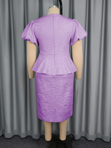 เดรสยาวปานกลางสีม่วง แขนสั้น คอเฉียง แต่งระบายช่วงเอว ลายดอกไม้ jacquard รุ่น AM050719 ดีไซน์หรูหรา - Product Image 6