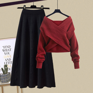 Nouvel ensemble de tricot pour femmes <span class=keywords><strong>Pull</strong></span> en tricot de <span class=keywords><strong>grande</strong></span> <span class=keywords><strong>taille</strong></span> Costume d'hiver à manches longues et col en V pour femmes Ensemble deux pièces pour femmes - Product Image 1